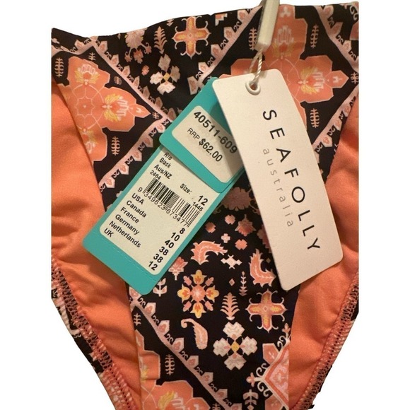 Seafolly Women's Inka Gypsy Rio Adjustable Band Bikini Bottoms Size 8 Black NWT - Picture 3 of 6